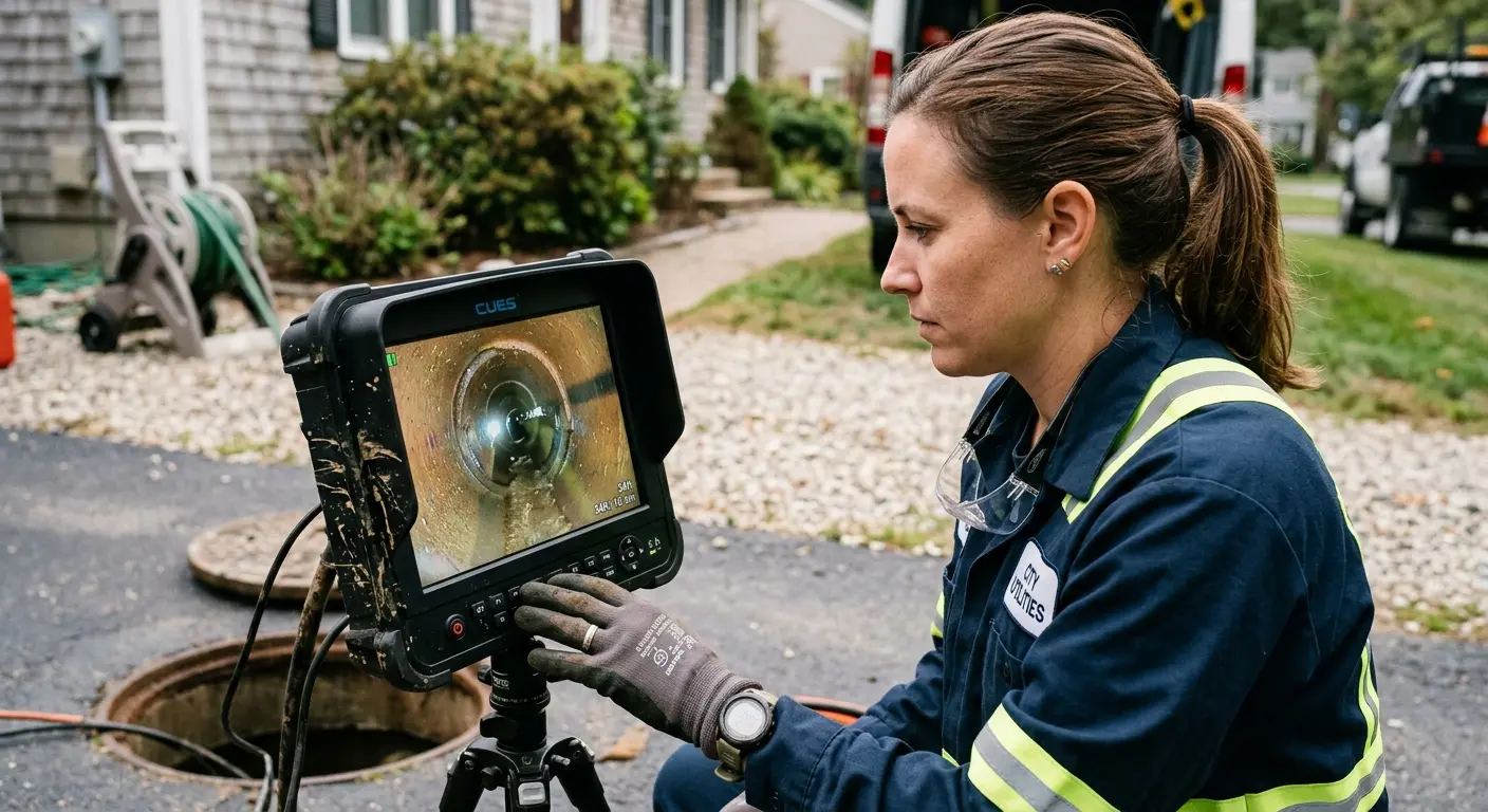 Technician reviewing sewer camera inspection footage in Center