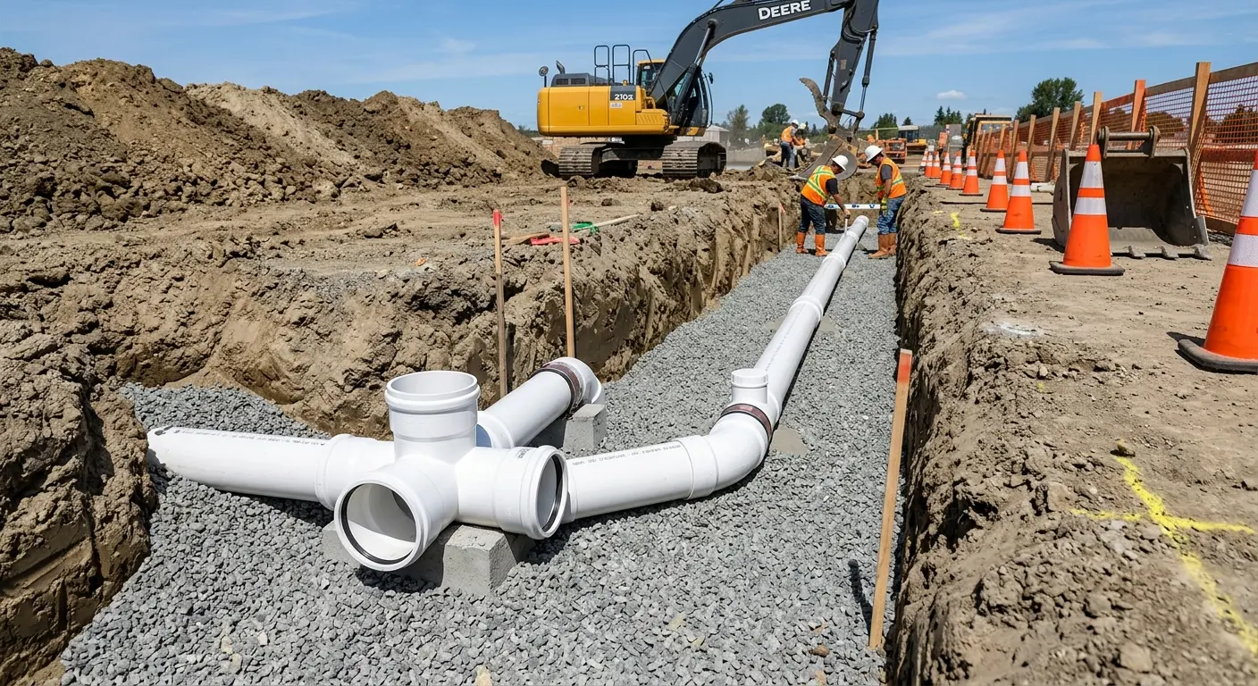 New PVC sewer pipe installation in open trench for Grease Trap Cleaning in Center