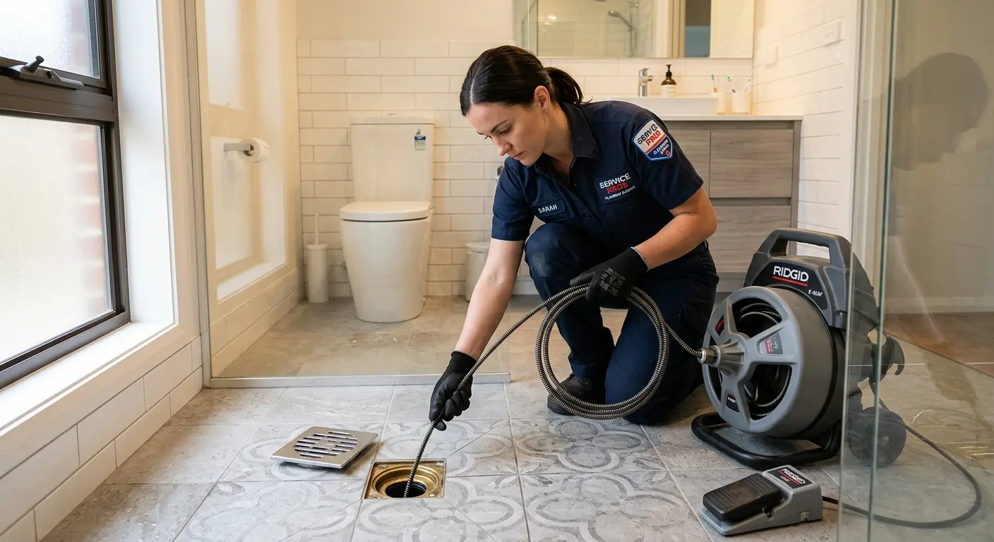 Technician clearing a bathroom floor drain for Clogged Drain Repair in Center